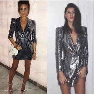Bershka Especial Edition Silver Sequin Tuxedo Metallic Blazer Mini Dress